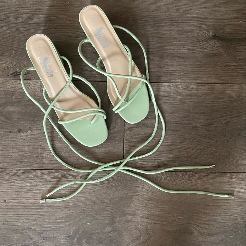 Mint Green Lace Up 2in Block Heels
